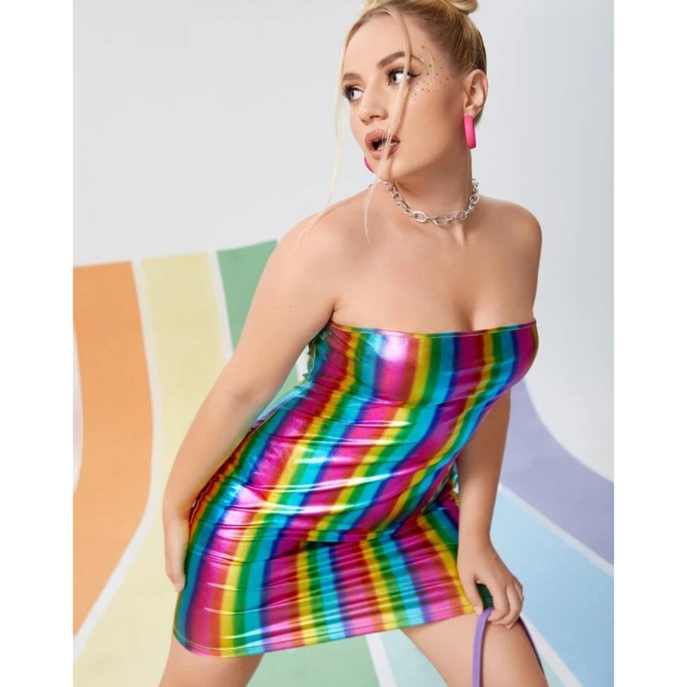 Plus Size Rainbow PU Vegan Leather Rainbow Striped Tube Style Dress Shiny - Picture 4 of 10